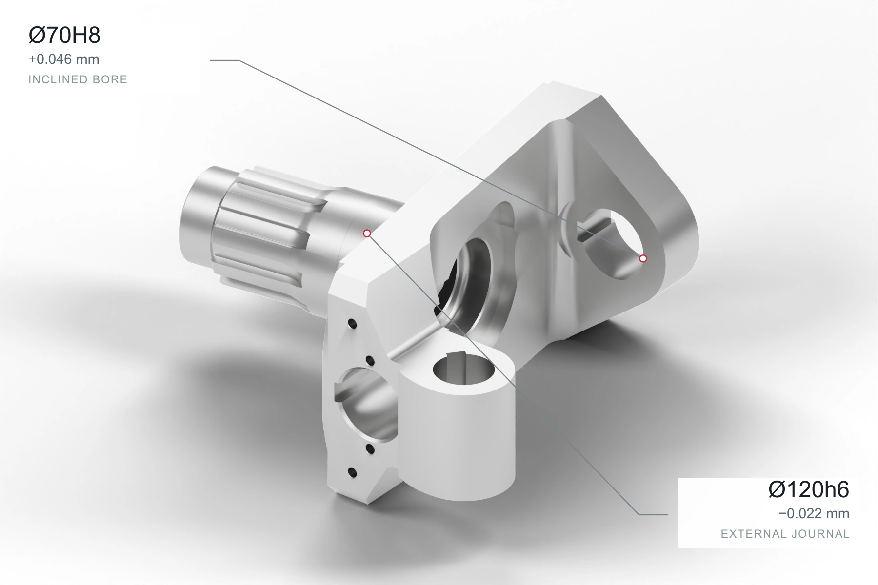 Steering knuckle: CAD studio render with positional drawing callouts